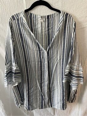 Westport Navy and White Striped V-Neck Button Blouse